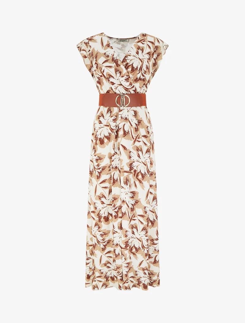 Langes geblümtes Kleid mit Flügelärmeln - Braun