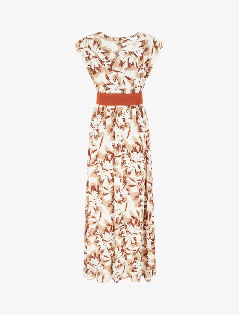 Langes geblümtes Kleid mit Flügelärmeln - Braun