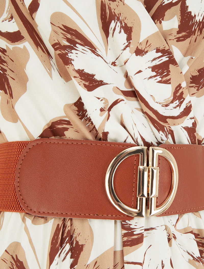 Langes geblümtes Kleid mit Flügelärmeln - Braun