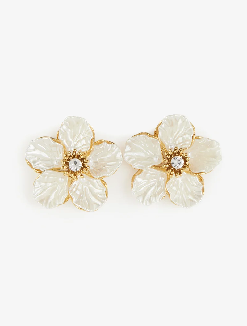 Blumenohrringe verziert mit Zirkonia. - Gold/Weiß