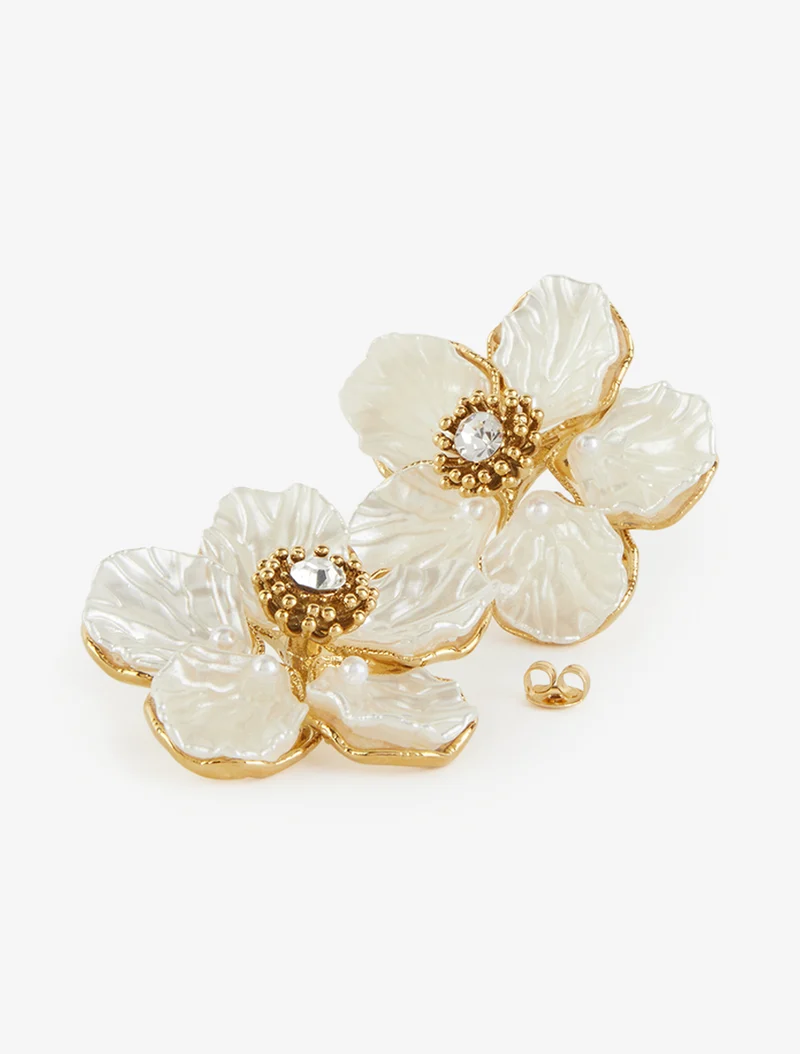 Blumenohrringe verziert mit Zirkonia. - Gold/Weiß