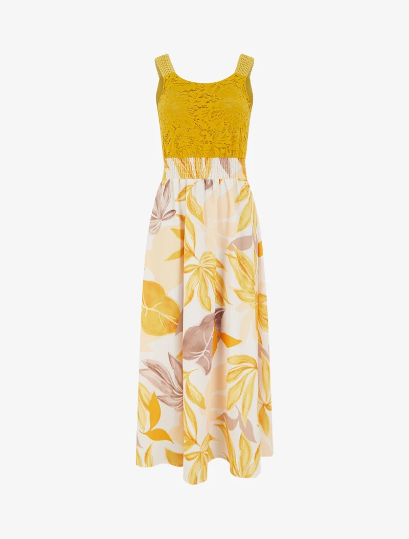 Kleid mit Fantasiemuster und Trägern aus Häkelarbeit. - Senfgelb