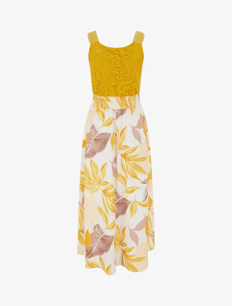 Kleid mit Fantasiemuster und Trägern aus Häkelarbeit. - Senfgelb