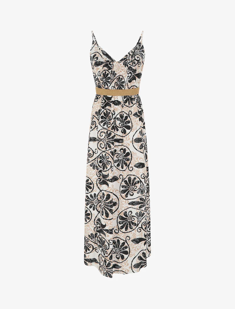 Langes, ausgestelltes Kleid mit stilisiertem Arabeskenmuster - Schwarz