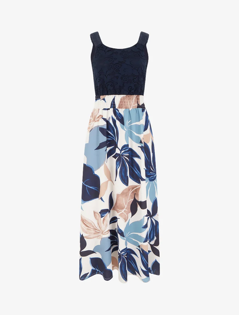 Kleid mit Fantasiemuster und Trägern aus Häkelarbeit. - Marine
