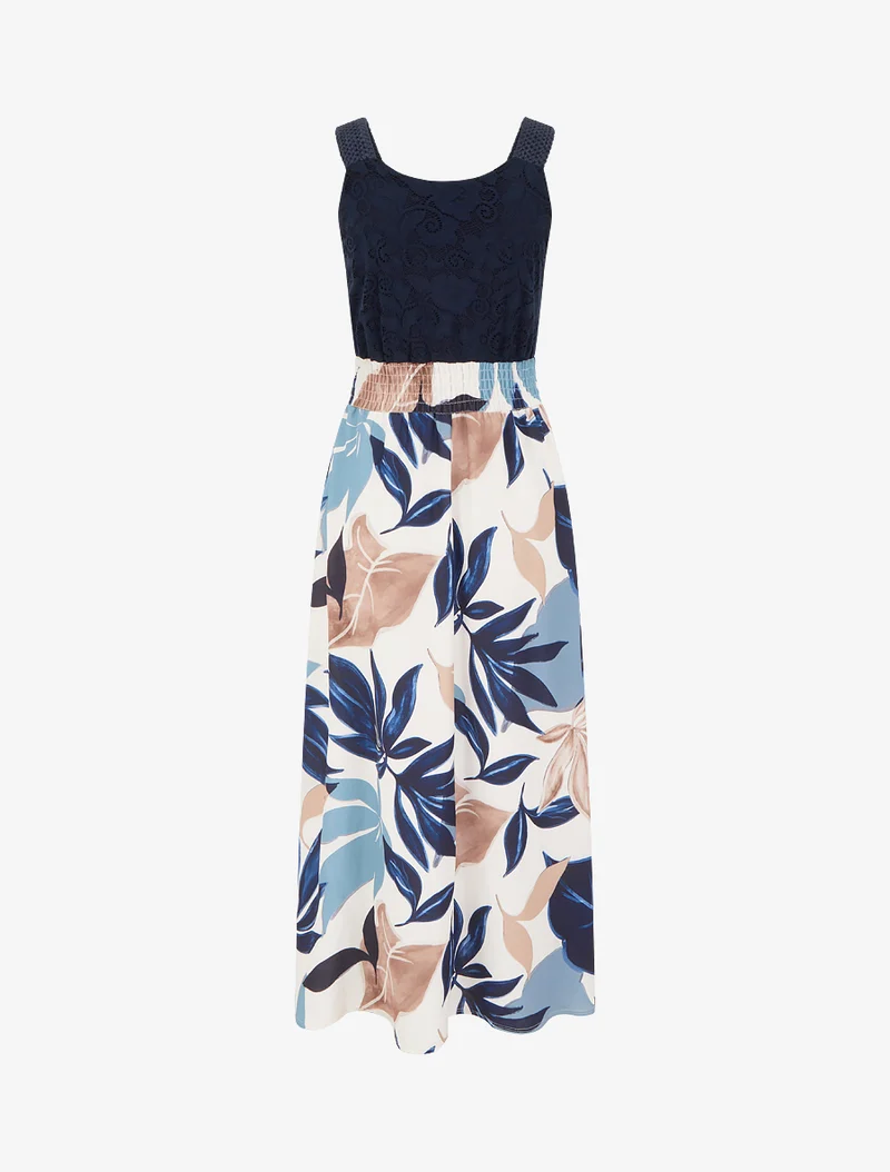 Kleid mit Fantasiemuster und Trägern aus Häkelarbeit. - Marine