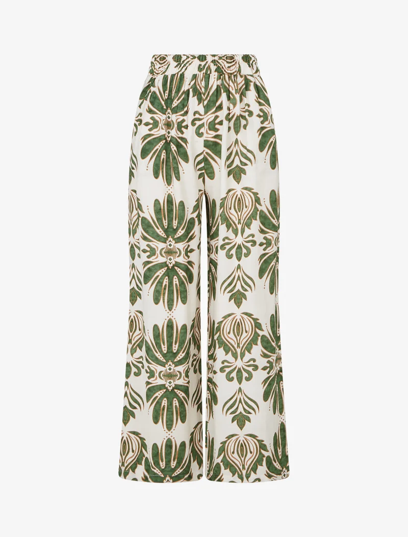 Weit geschnittene Hose mit hoher Taille und arabeskenmuster. - Kaki