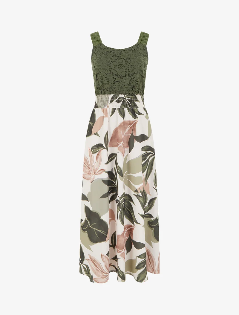 Kleid mit Fantasiemuster und Trägern aus Häkelarbeit. - Kaki