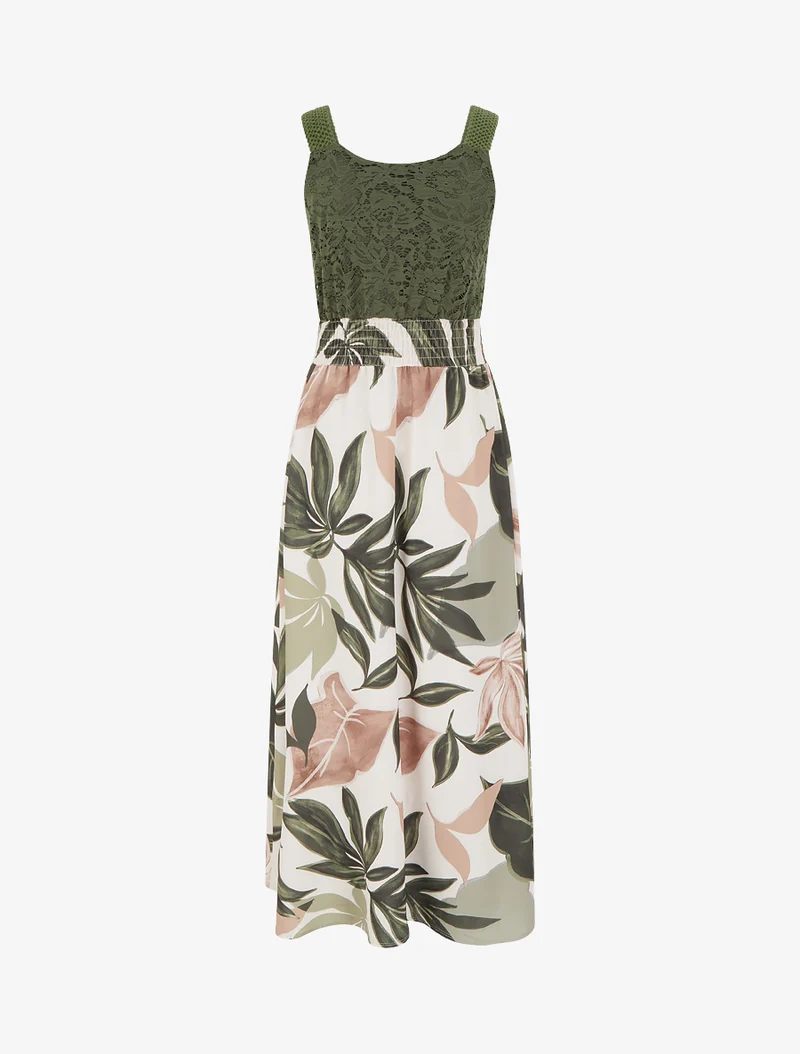 Kleid mit Fantasiemuster und Trägern aus Häkelarbeit. - Kaki