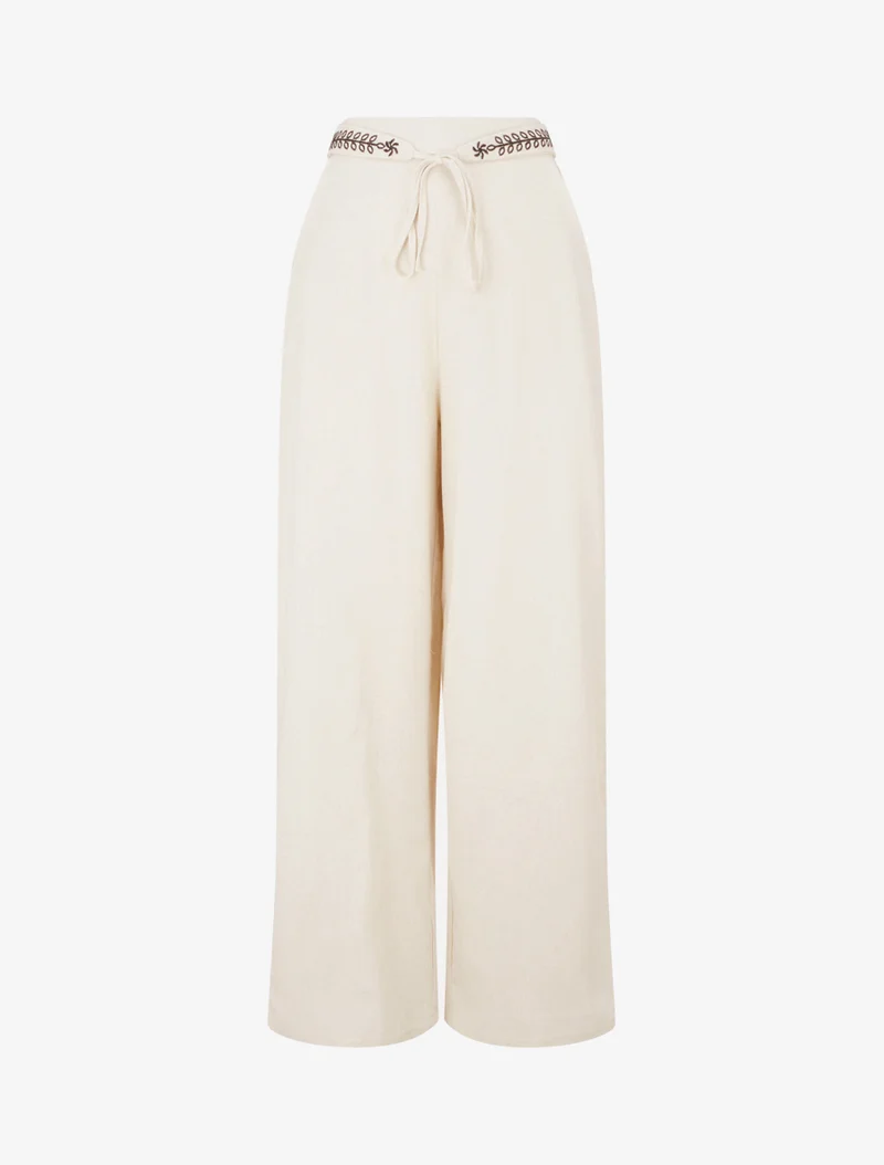 Weite einfarbige Hose mit besticktem Gürtel - Beige