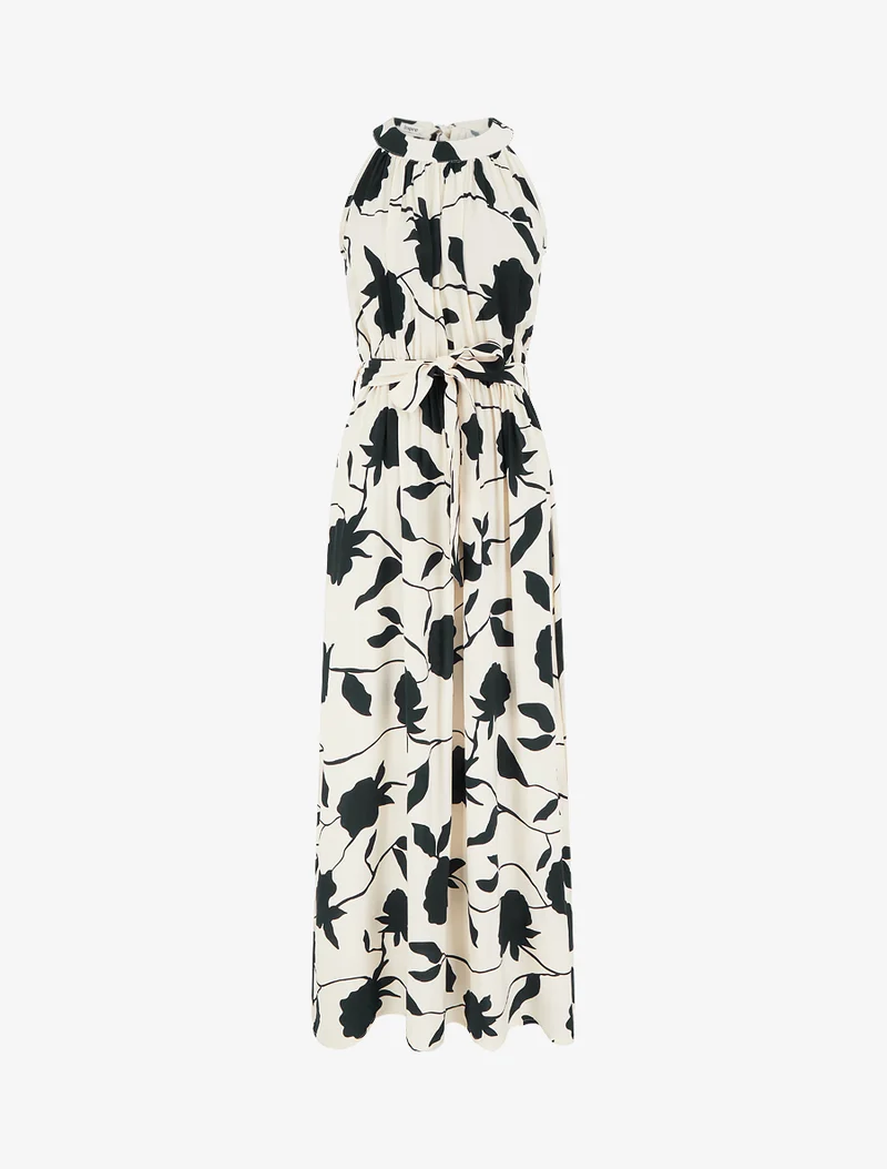 Langes elastisches Kleid mit Blumenmuster - Schwarz