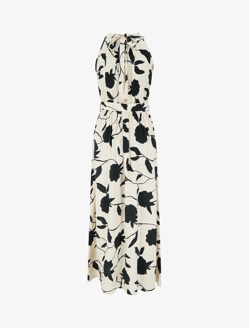 Langes elastisches Kleid mit Blumenmuster - Schwarz