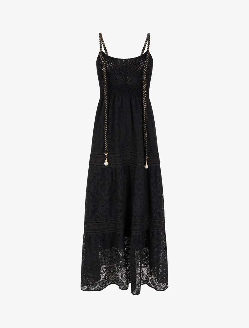 Langes Spitzenkleid mit geflochtenen Trägern - Schwarz