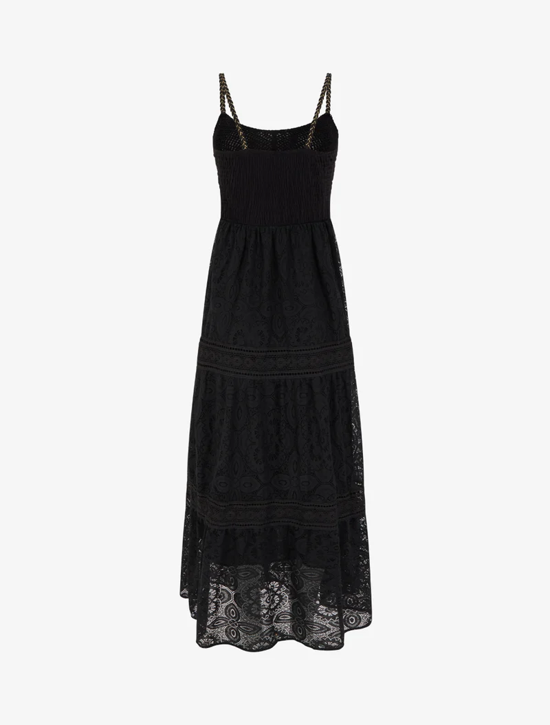 Langes Spitzenkleid mit geflochtenen Trägern - Schwarz