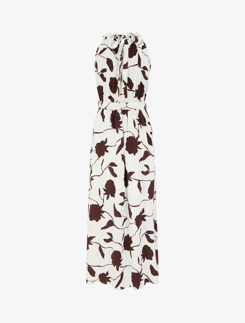 Langes elastisches Kleid mit Blumenmuster - Braun