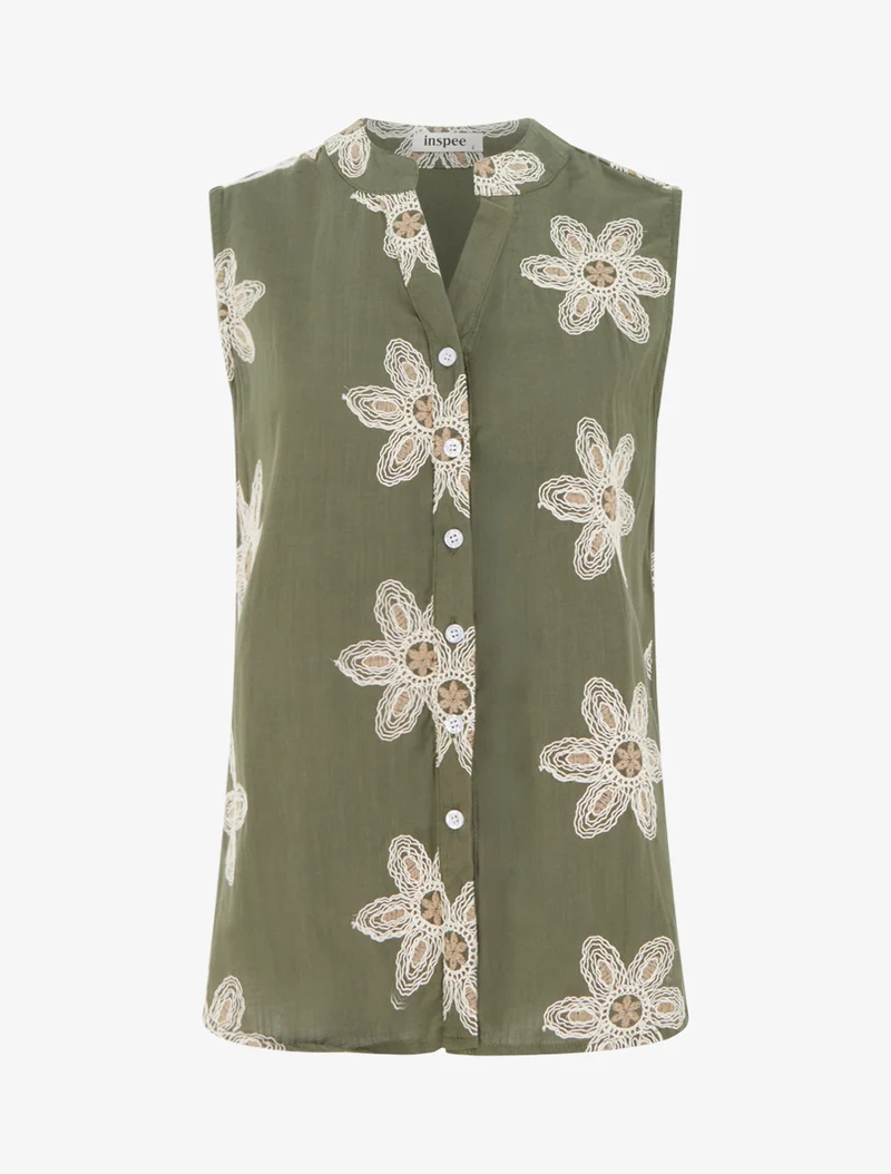 Ärmellose Bluse mit Blumenstickereien - Kaki