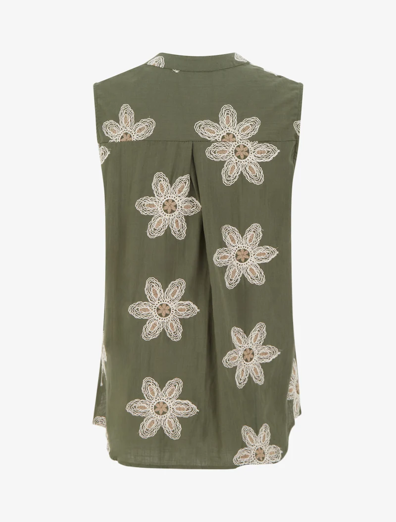 Ärmellose Bluse mit Blumenstickereien - Kaki