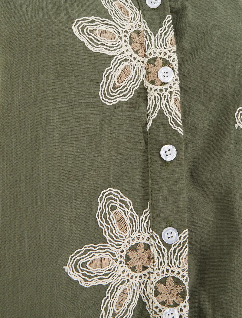Ärmellose Bluse mit Blumenstickereien - Kaki