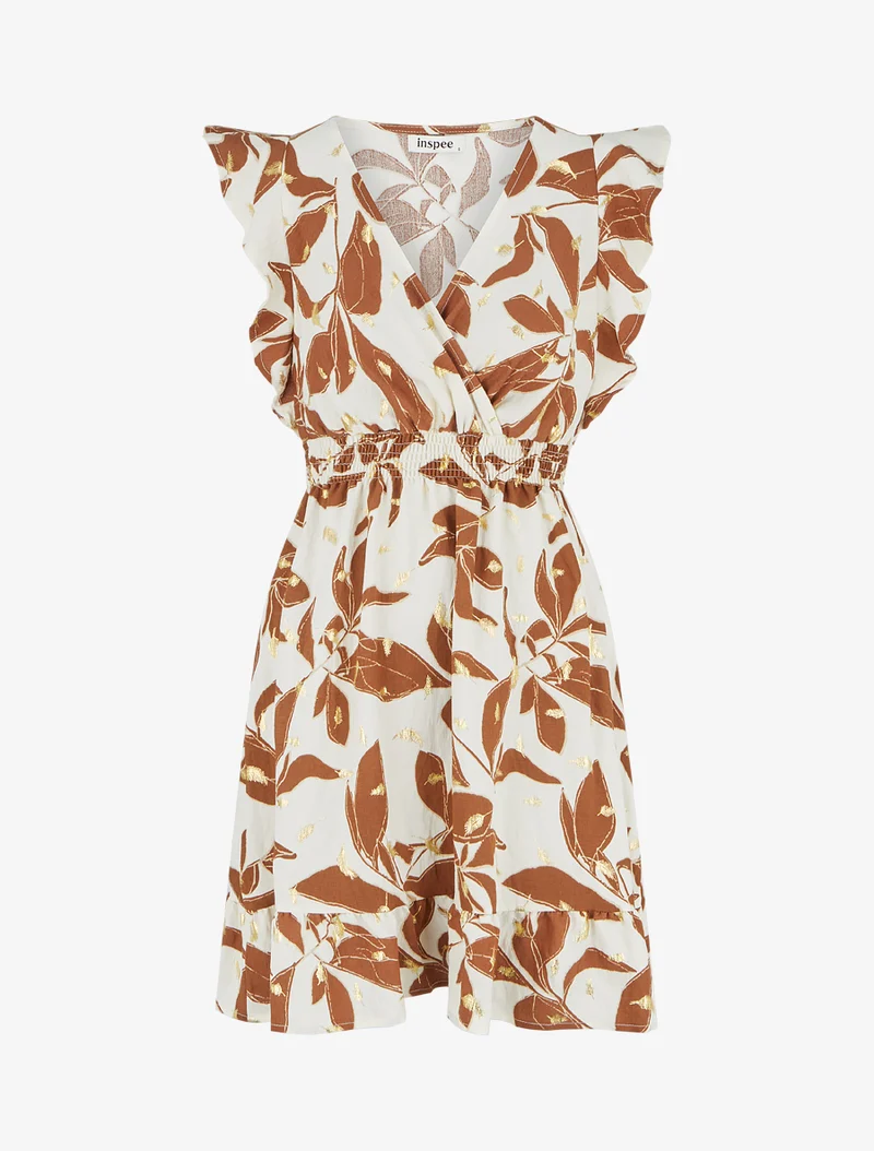 Kleid mit Blätterdruck und elastischer Taille - Braun