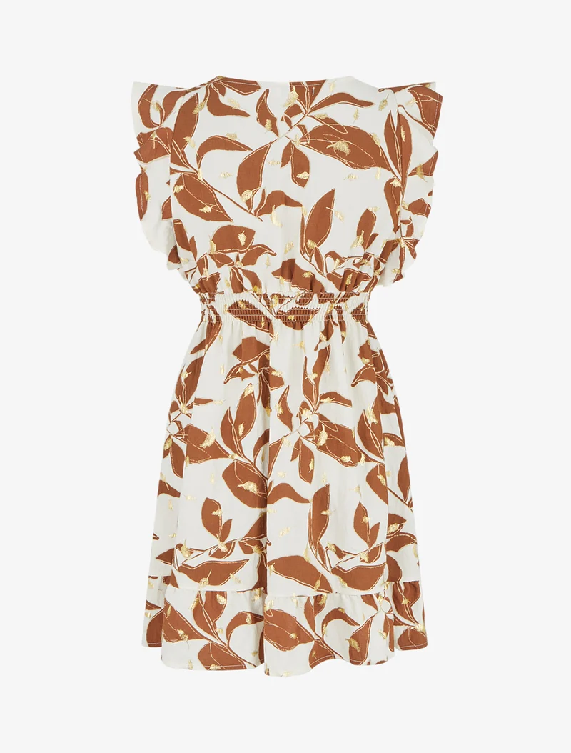 Kleid mit Blätterdruck und elastischer Taille - Braun