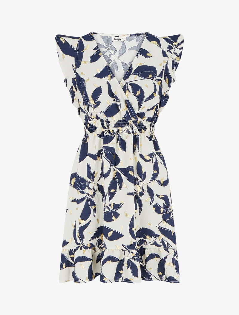 Kleid mit Blätterdruck und elastischer Taille - Marine