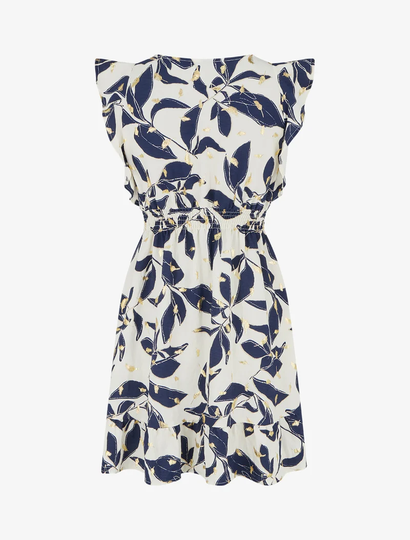 Kleid mit Blätterdruck und elastischer Taille - Marine