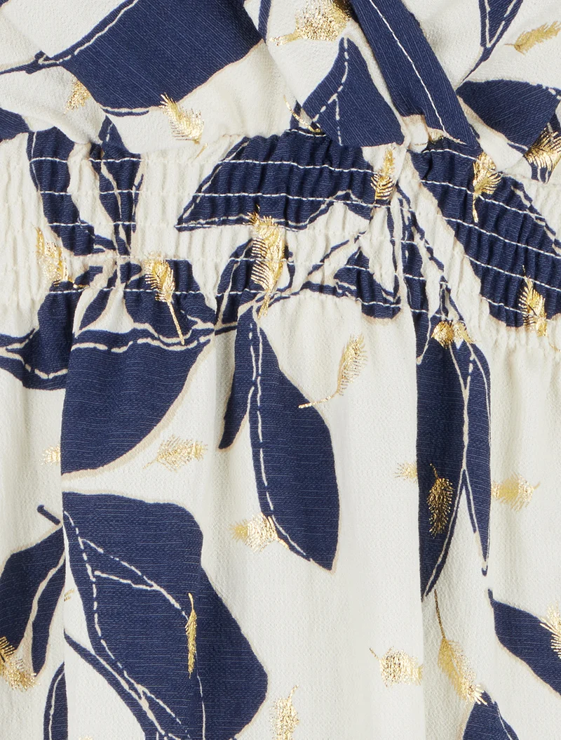 Kleid mit Blätterdruck und elastischer Taille - Marine
