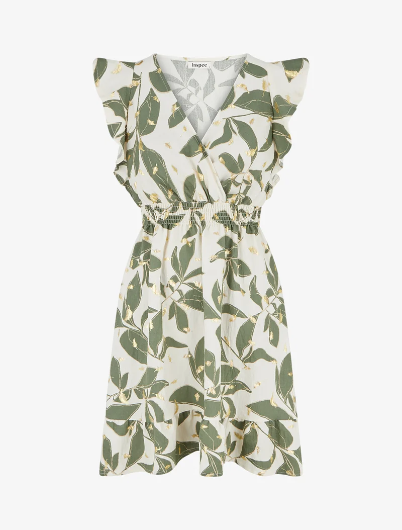 Kleid mit Blätterdruck und elastischer Taille - Kaki