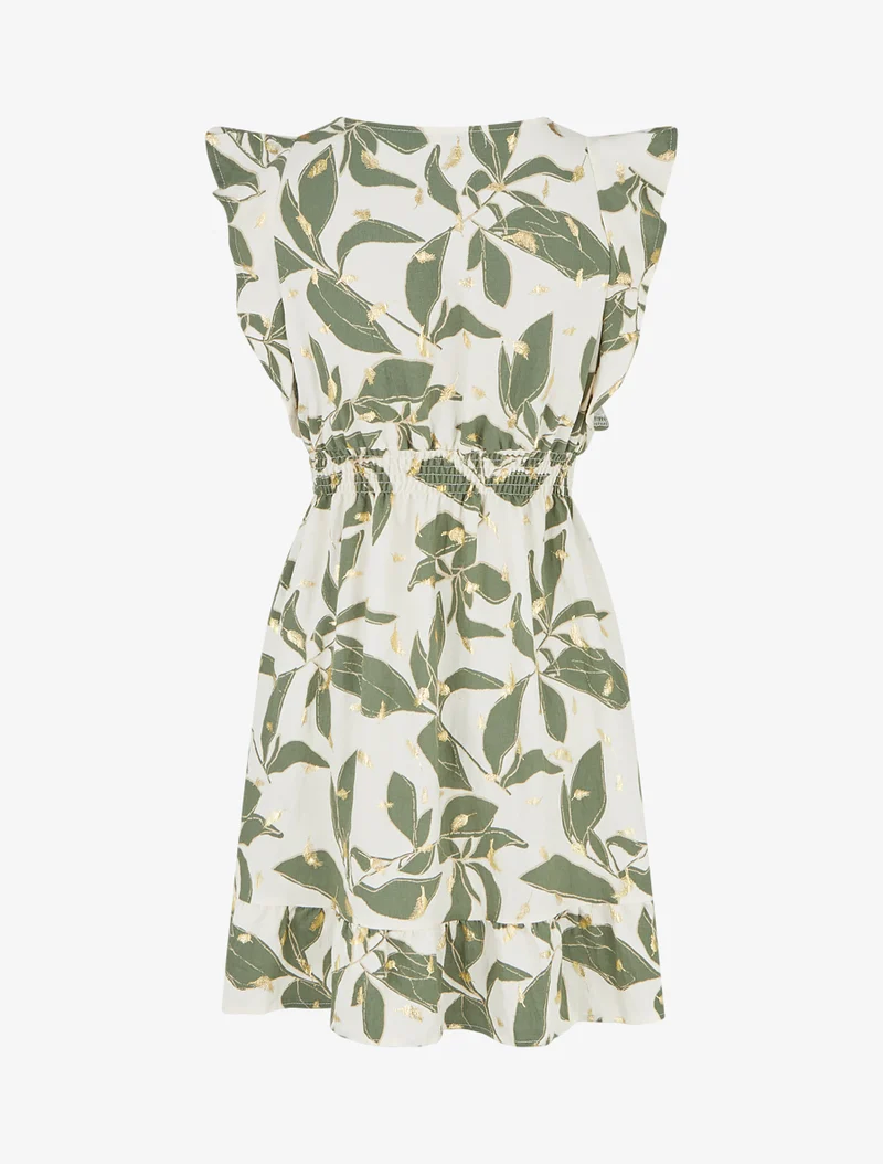 Kleid mit Blätterdruck und elastischer Taille - Kaki