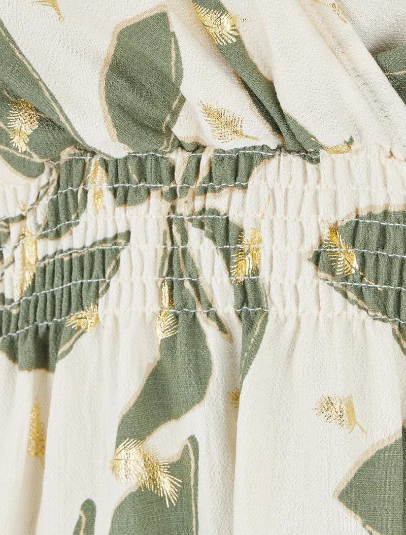 Kleid mit Blätterdruck und elastischer Taille - Kaki