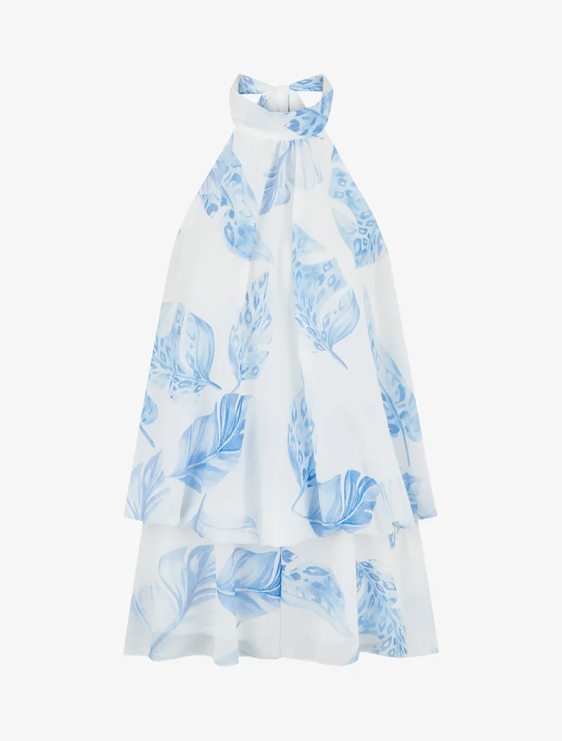 Rückenfreier Jumpsuit mit Rüschen und Blätterdruck. - Blau