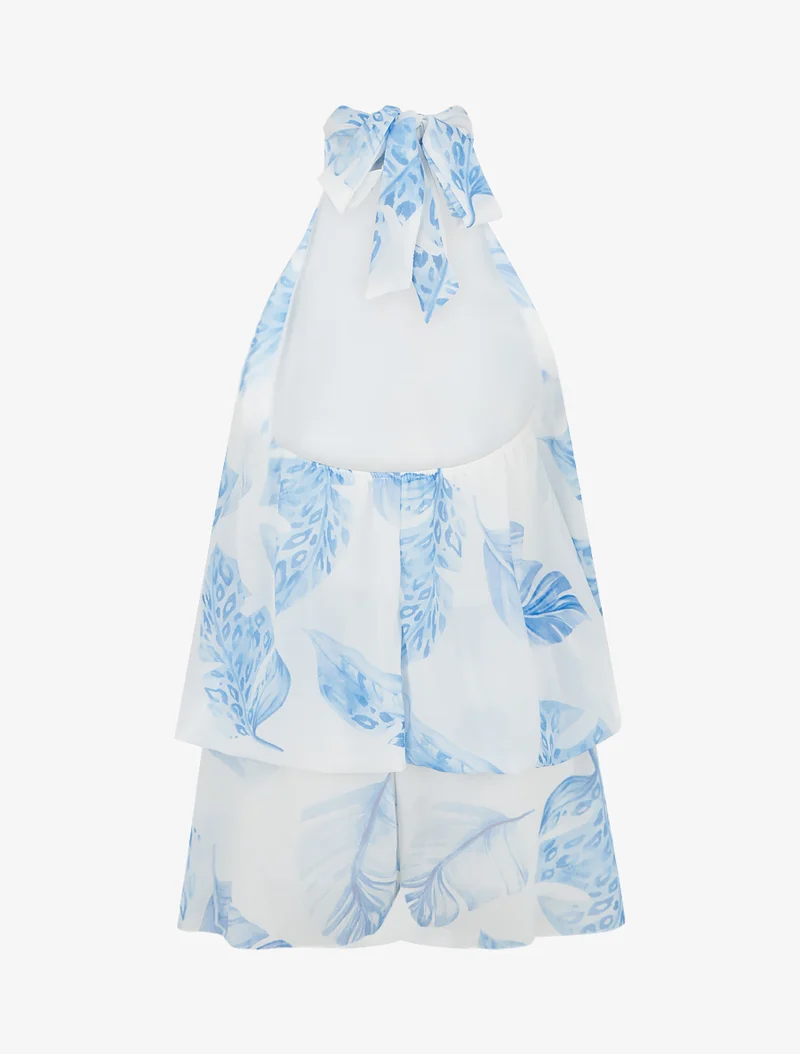 Rückenfreier Jumpsuit mit Rüschen und Blätterdruck. - Blau