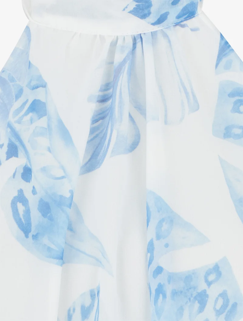 Rückenfreier Jumpsuit mit Rüschen und Blätterdruck. - Blau