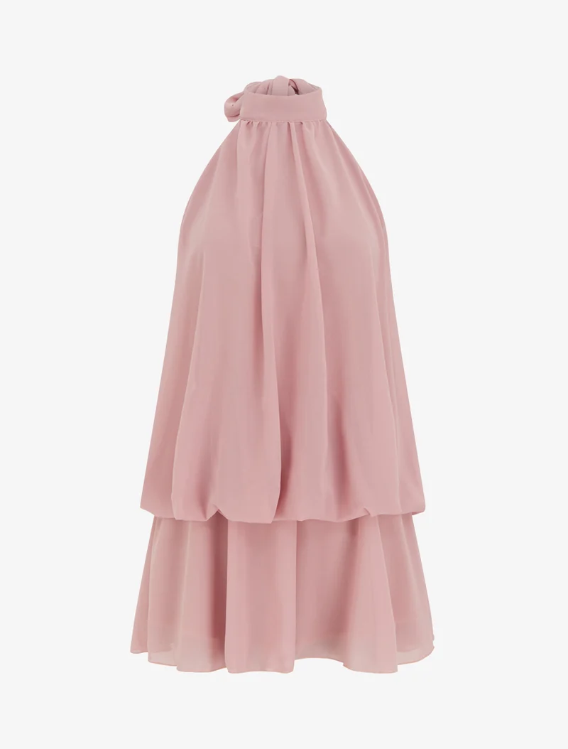 Rückenfreier Jumpsuit mit Rüschen und Trompe-l'œil-Effekt. - Altrosa