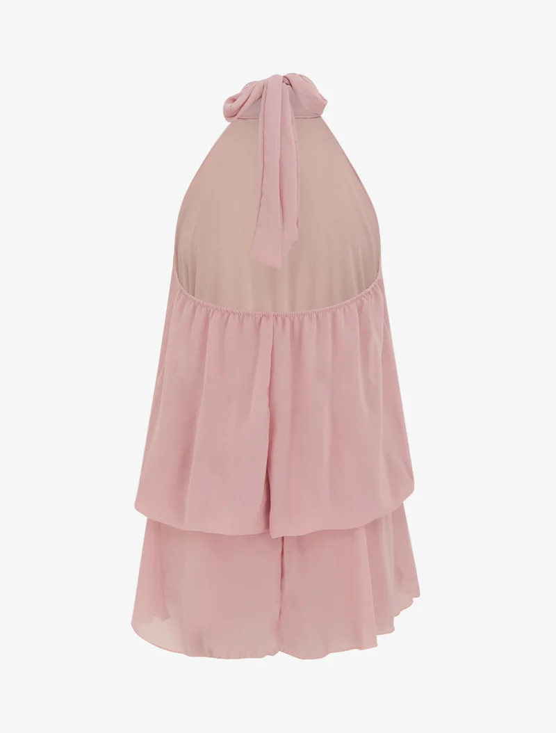 Rückenfreier Jumpsuit mit Rüschen und Trompe-l'œil-Effekt. - Altrosa