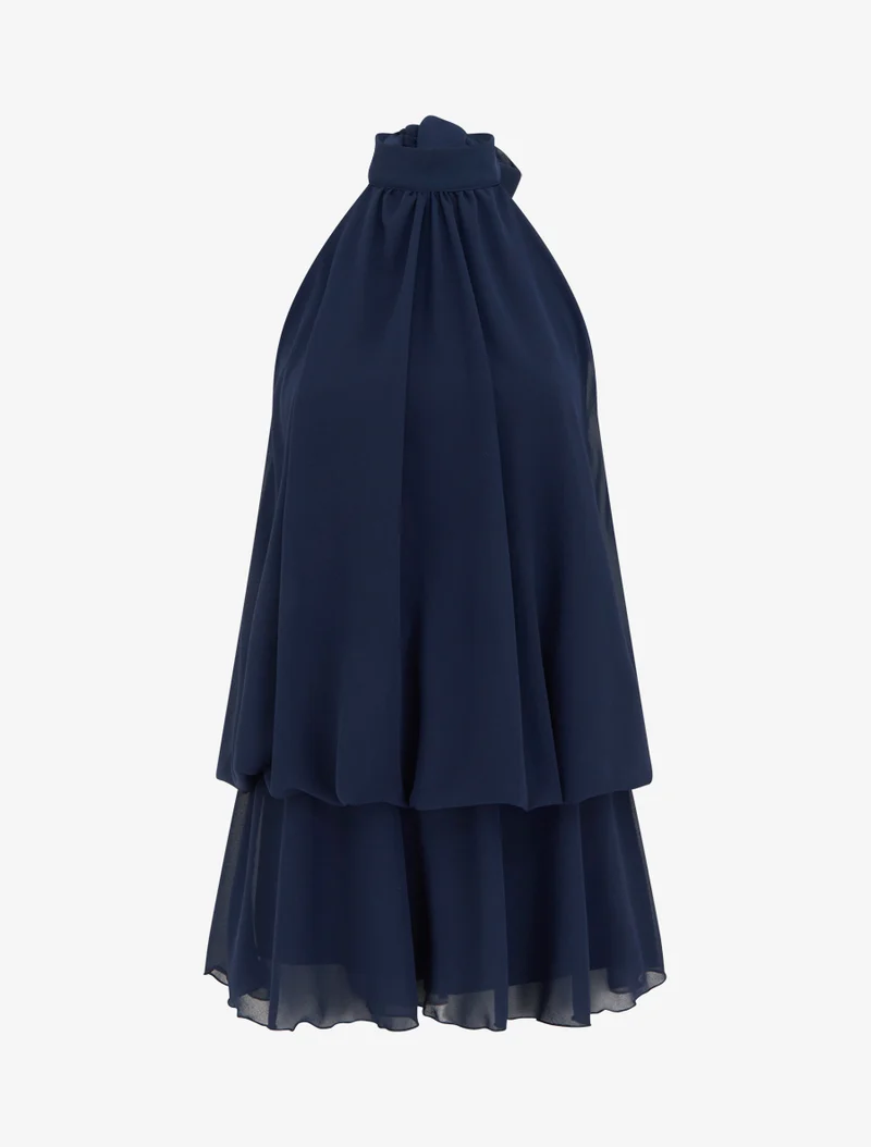 Rückenfreier Jumpsuit mit Rüschen und Trompe-l'œil-Effekt. - Marine