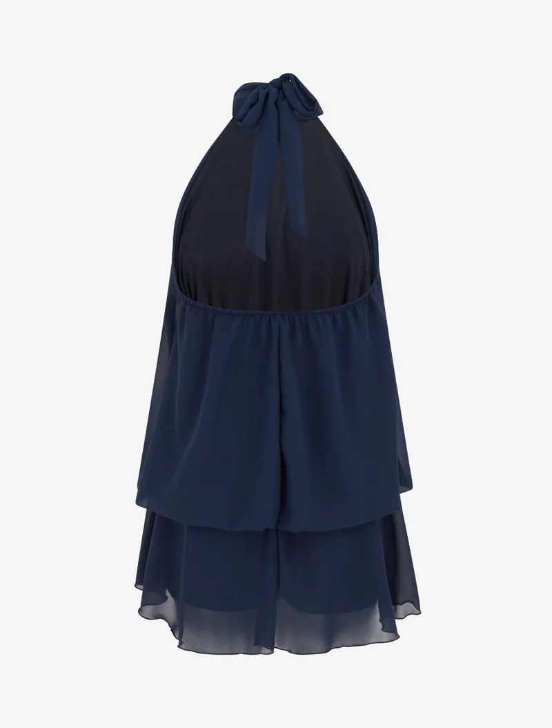 Rückenfreier Jumpsuit mit Rüschen und Trompe-l'œil-Effekt. - Marine