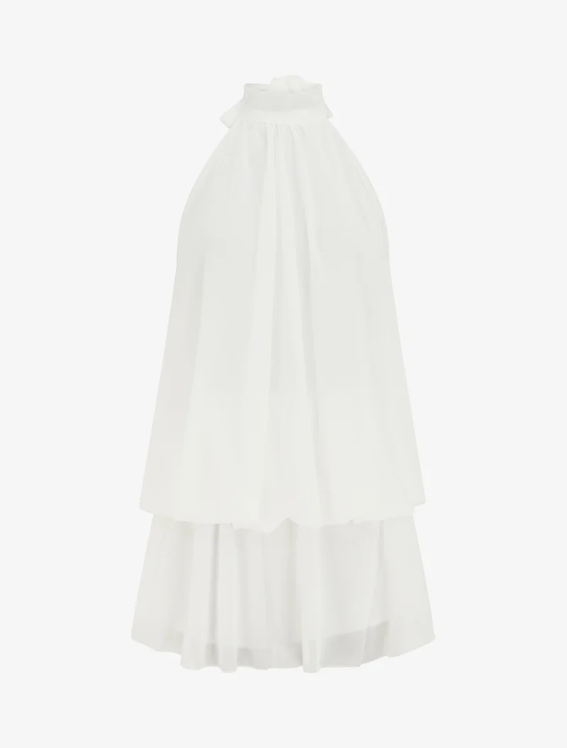 Rückenfreier Jumpsuit mit Rüschen und Trompe-l'œil-Effekt. - Weiß