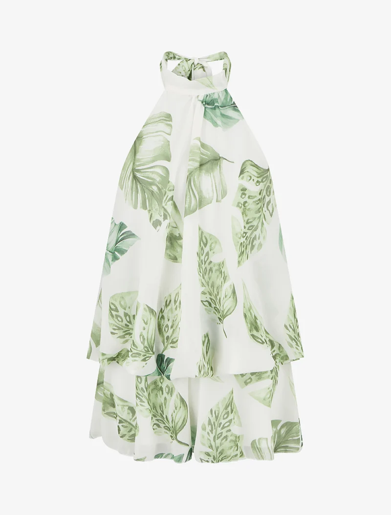 Rückenfreier Jumpsuit mit Rüschen und Blätterdruck. - Grün