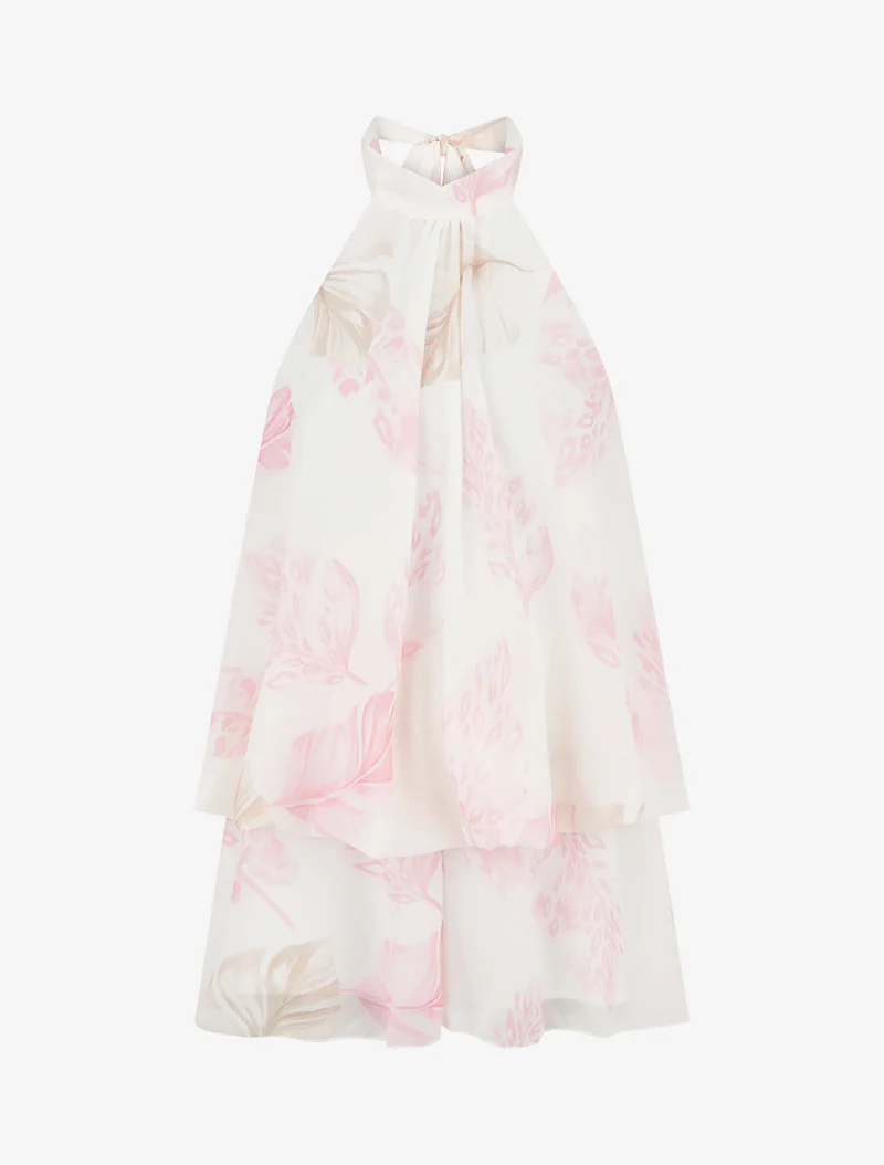 Rückenfreier Jumpsuit mit Rüschen und Blätterdruck. - Rose