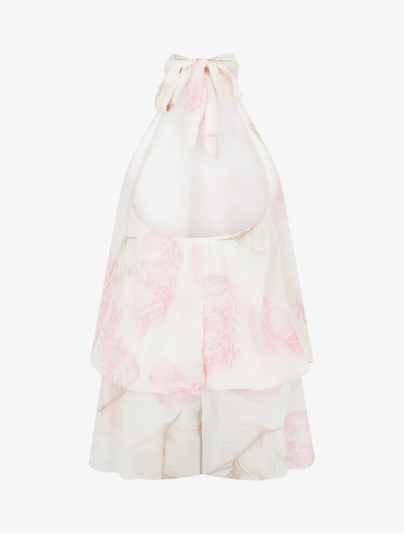 Rückenfreier Jumpsuit mit Rüschen und Blätterdruck. - Rose