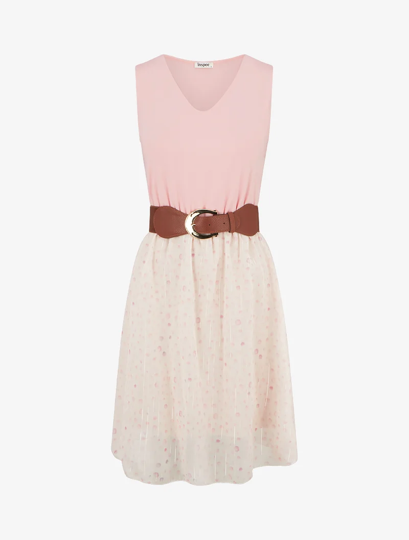 Kleid mit ausgestelltem Schnitt und fantasievollem Punktmuster - Rose