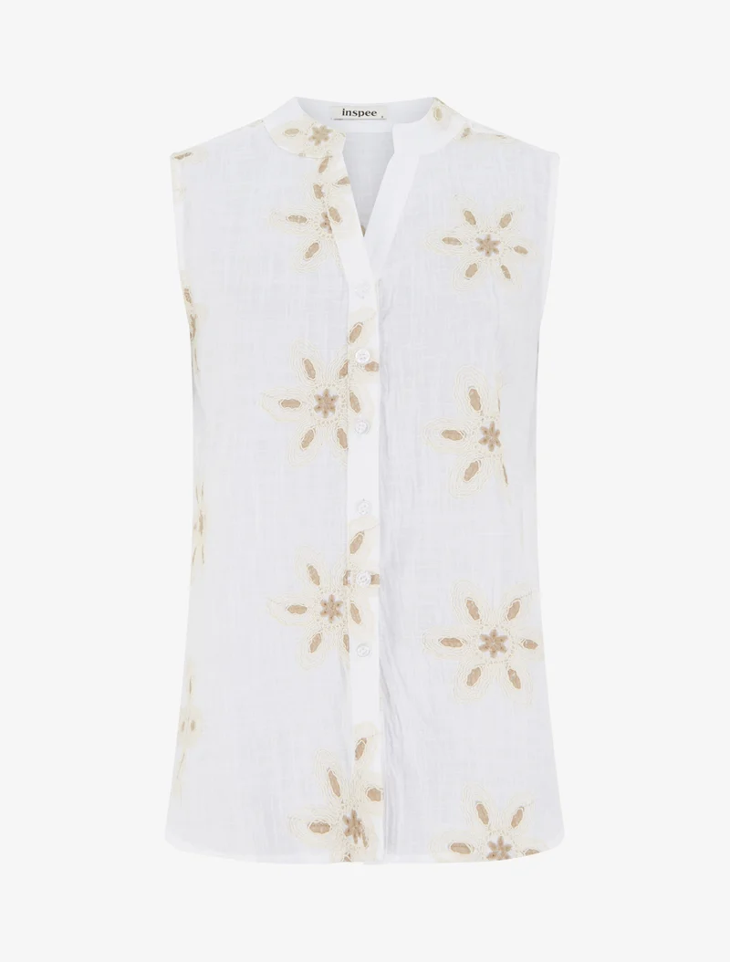 Ärmellose Bluse mit Blumenstickereien - Weiß