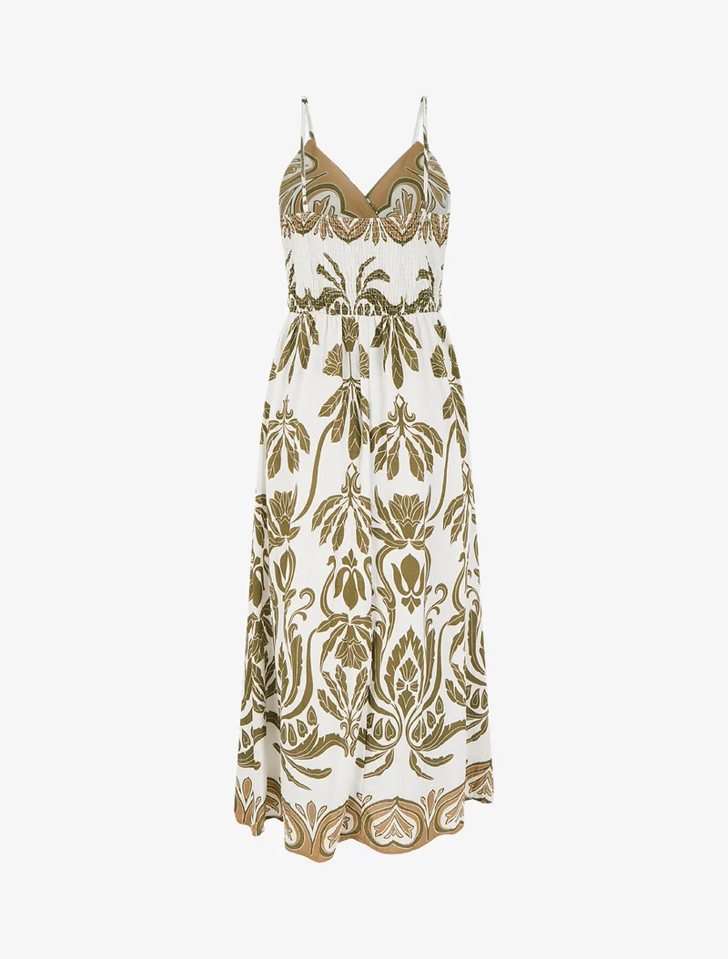Langes Kleid mit Ikat-Muster - Kaki
