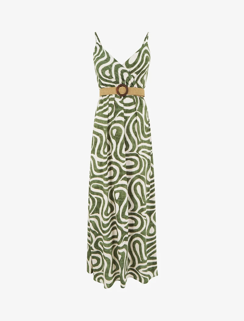 Langes ausgestelltes Kleid mit fantasievollen Kurvenmustern - Kaki