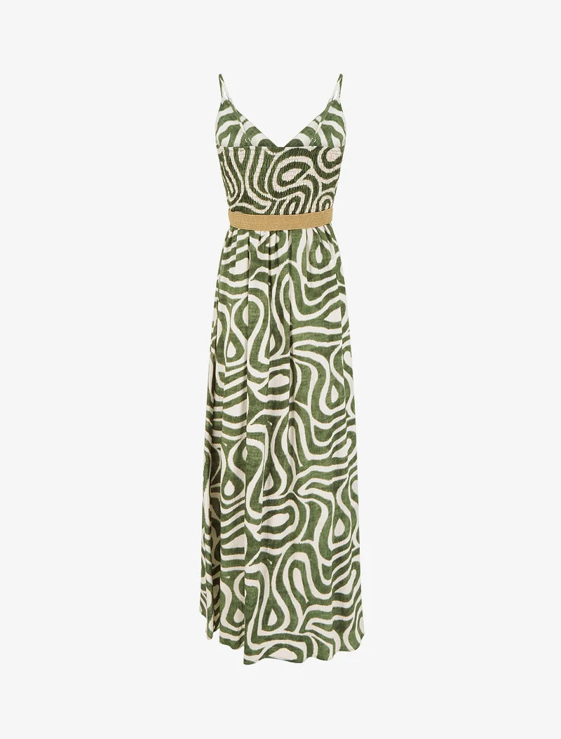 Langes ausgestelltes Kleid mit fantasievollen Kurvenmustern - Kaki