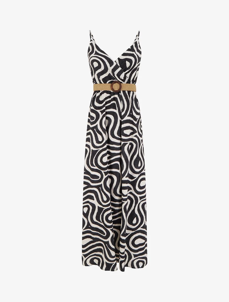 Langes ausgestelltes Kleid mit fantasievollen Kurvenmustern - Schwarz