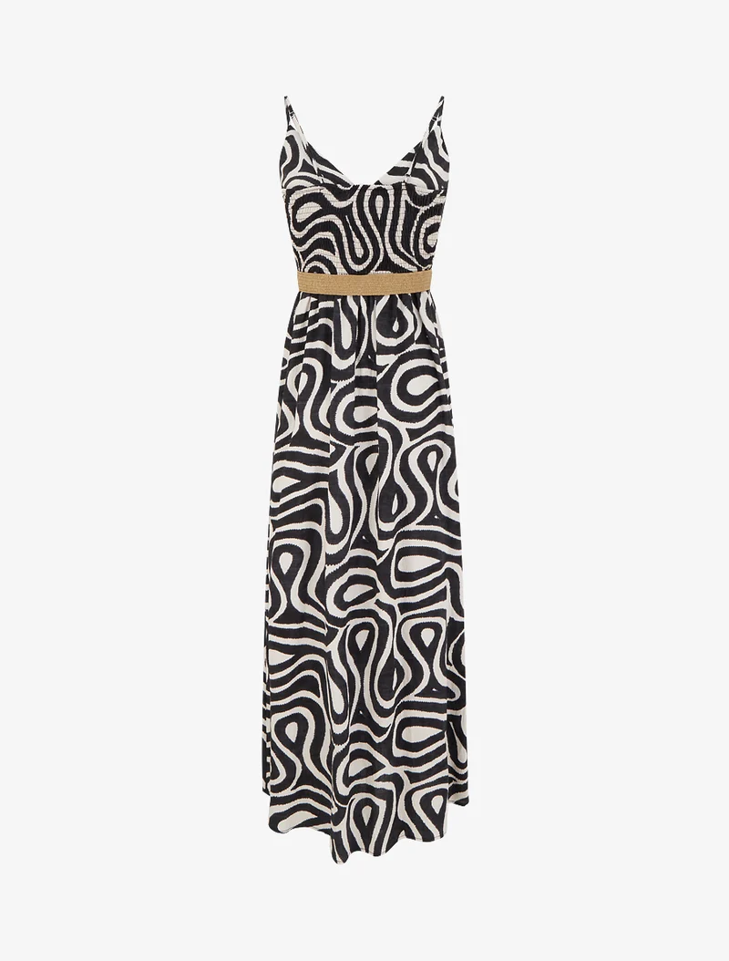Langes ausgestelltes Kleid mit fantasievollen Kurvenmustern - Schwarz