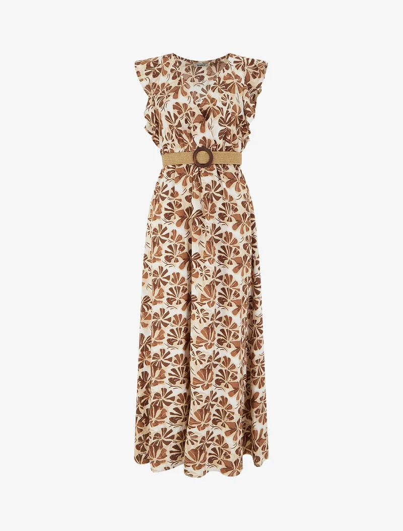 Langes Kleid mit stilisiertem Print und Wickelkragen - Braun