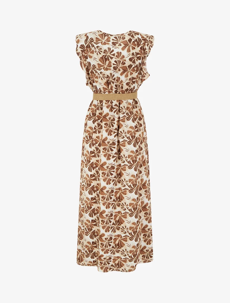 Langes Kleid mit stilisiertem Print und Wickelkragen - Braun